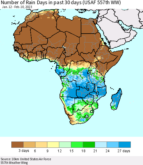 Africa Number of Rain Days in past 30 days (USAF 557th WW) 02/10/2023 Thematic Map For 2/6/2023 - 2/10/2023