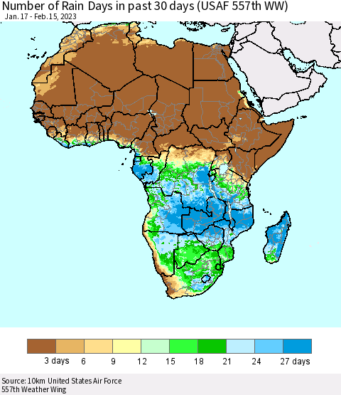 Africa Number of Rain Days in past 30 days (USAF 557th WW) 02/15/2023 Thematic Map For 2/11/2023 - 2/15/2023