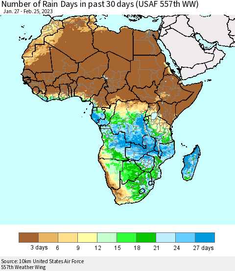 Africa Number of Rain Days in past 30 days (USAF 557th WW) 02/25/2023 Thematic Map For 2/21/2023 - 2/25/2023