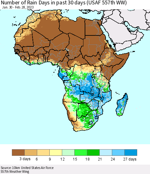 Africa Number of Rain Days in past 30 days (USAF 557th WW) 02/28/2023 Thematic Map For 2/26/2023 - 2/28/2023