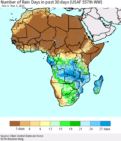Africa Number of Rain Days in past 30 days (USAF 557th WW) 03/05/2023 Thematic Map For 3/1/2023 - 3/5/2023