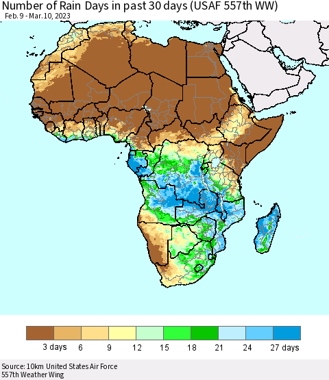 Africa Number of Rain Days in past 30 days (USAF 557th WW) 03/10/2023 Thematic Map For 3/6/2023 - 3/10/2023