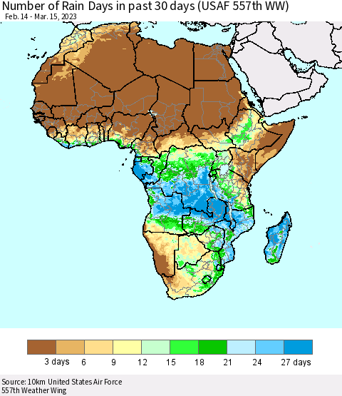 Africa Number of Rain Days in past 30 days (USAF 557th WW) 03/15/2023 Thematic Map For 3/11/2023 - 3/15/2023