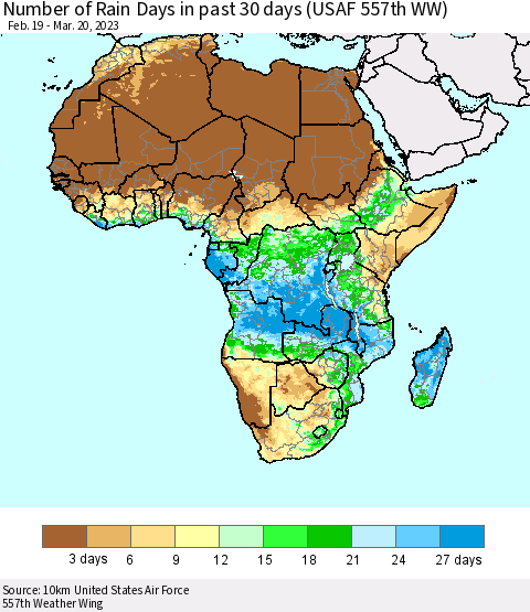 Africa Number of Rain Days in past 30 days (USAF 557th WW) 03/20/2023 Thematic Map For 3/16/2023 - 3/20/2023