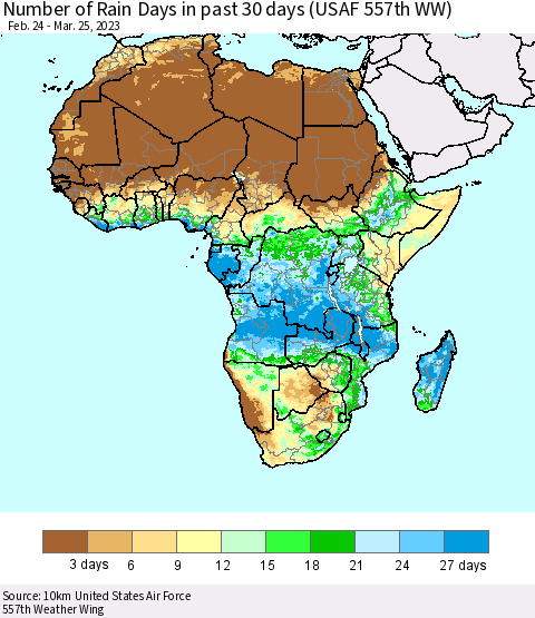 Africa Number of Rain Days in past 30 days (USAF 557th WW) 03/25/2023 Thematic Map For 3/21/2023 - 3/25/2023