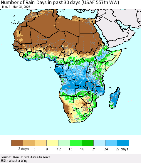 Africa Number of Rain Days in past 30 days (USAF 557th WW) 03/31/2023 Thematic Map For 3/26/2023 - 3/31/2023