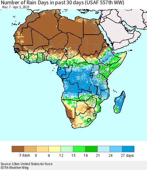 Africa Number of Rain Days in past 30 days (USAF 557th WW) 04/05/2023 Thematic Map For 4/1/2023 - 4/5/2023