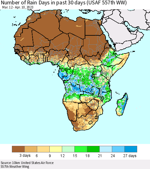 Africa Number of Rain Days in past 30 days (USAF 557th WW) 04/10/2023 Thematic Map For 4/6/2023 - 4/10/2023