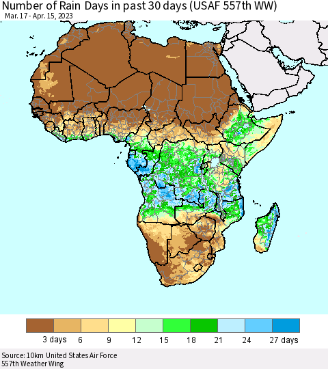 Africa Number of Rain Days in past 30 days (USAF 557th WW) 04/15/2023 Thematic Map For 4/11/2023 - 4/15/2023
