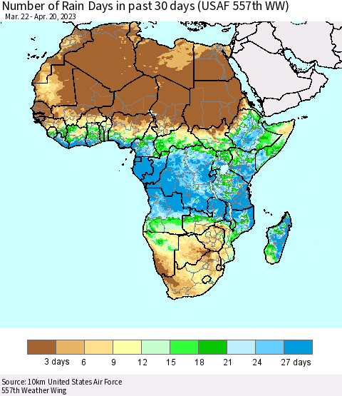 Africa Number of Rain Days in past 30 days (USAF 557th WW) 04/20/2023 Thematic Map For 4/16/2023 - 4/20/2023