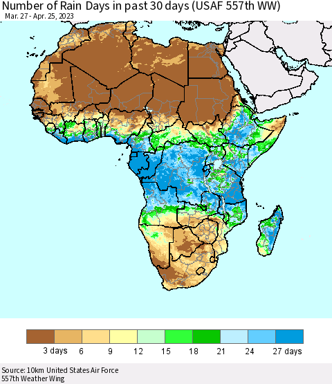 Africa Number of Rain Days in past 30 days (USAF 557th WW) 04/25/2023 Thematic Map For 4/21/2023 - 4/25/2023