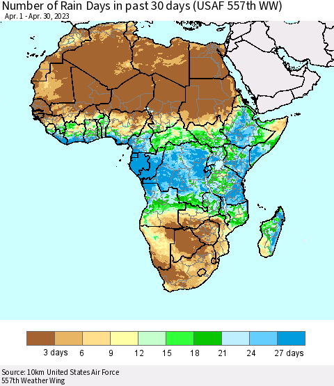 Africa Number of Rain Days in past 30 days (USAF 557th WW) 04/30/2023 Thematic Map For 4/26/2023 - 4/30/2023