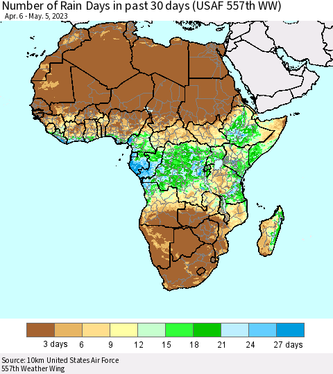 Africa Number of Rain Days in past 30 days (USAF 557th WW) 05/05/2023 Thematic Map For 5/1/2023 - 5/5/2023