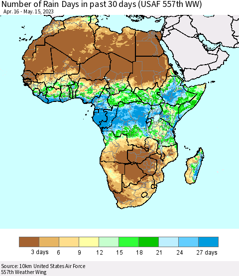 Africa Number of Rain Days in past 30 days (USAF 557th WW) 05/15/2023 Thematic Map For 5/11/2023 - 5/15/2023