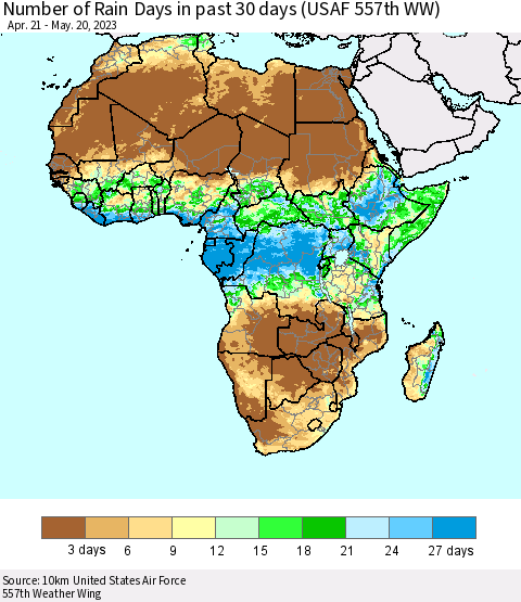 Africa Number of Rain Days in past 30 days (USAF 557th WW) 05/20/2023 Thematic Map For 5/16/2023 - 5/20/2023