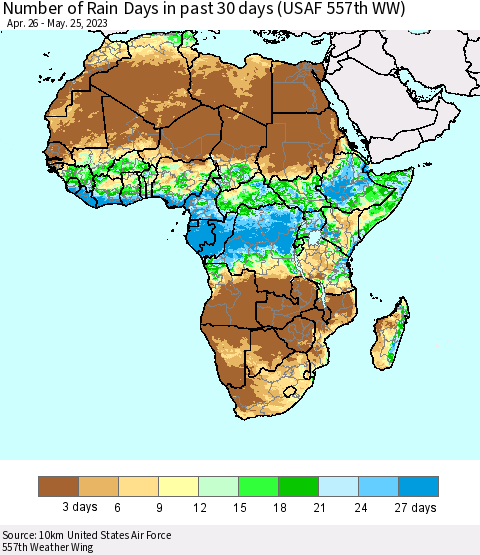 Africa Number of Rain Days in past 30 days (USAF 557th WW) 05/25/2023 Thematic Map For 5/21/2023 - 5/25/2023
