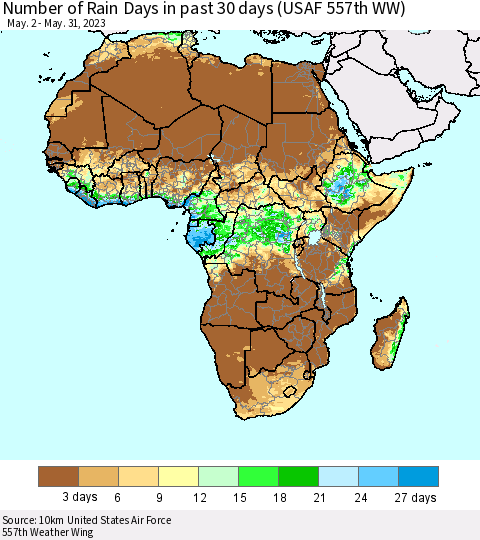 Africa Number of Rain Days in past 30 days (USAF 557th WW) 05/31/2023 Thematic Map For 5/26/2023 - 5/31/2023