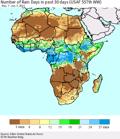 Africa Number of Rain Days in past 30 days (USAF 557th WW) 06/05/2023 Thematic Map For 6/1/2023 - 6/5/2023