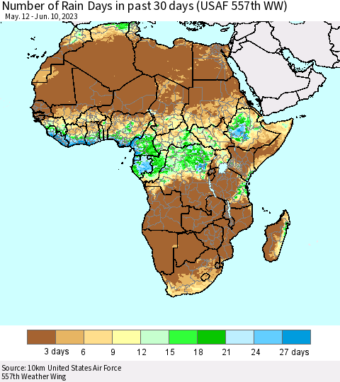Africa Number of Rain Days in past 30 days (USAF 557th WW) 06/10/2023 Thematic Map For 6/6/2023 - 6/10/2023
