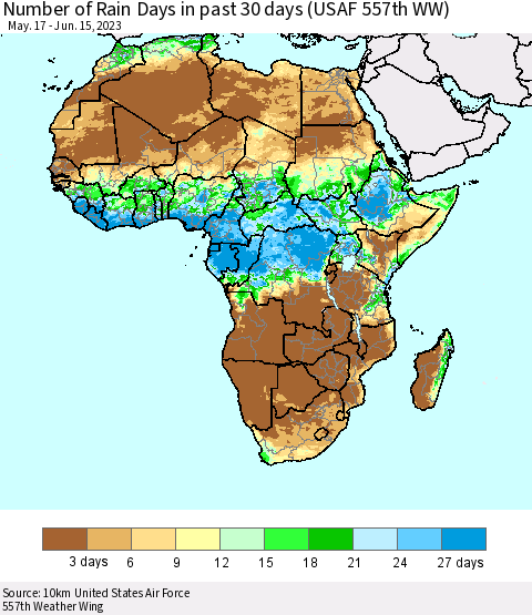 Africa Number of Rain Days in past 30 days (USAF 557th WW) 06/15/2023 Thematic Map For 6/11/2023 - 6/15/2023