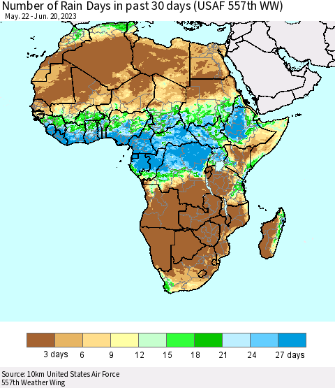 Africa Number of Rain Days in past 30 days (USAF 557th WW) 06/20/2023 Thematic Map For 6/16/2023 - 6/20/2023