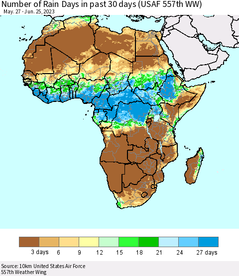 Africa Number of Rain Days in past 30 days (USAF 557th WW) 06/25/2023 Thematic Map For 6/21/2023 - 6/25/2023