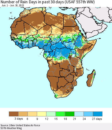 Africa Number of Rain Days in past 30 days (USAF 557th WW) 06/30/2023 Thematic Map For 6/26/2023 - 6/30/2023