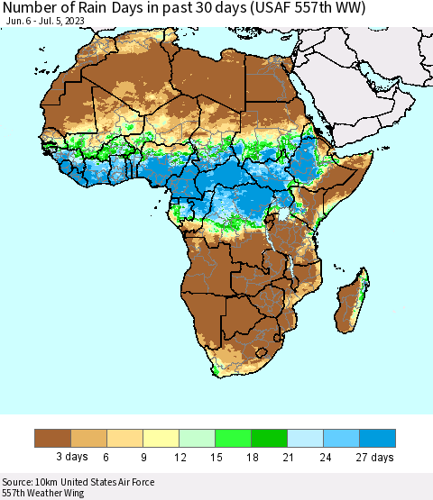 Africa Number of Rain Days in past 30 days (USAF 557th WW) 07/05/2023 Thematic Map For 7/1/2023 - 7/5/2023