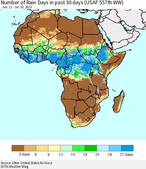 Africa Number of Rain Days in past 30 days (USAF 557th WW) 07/10/2023 Thematic Map For 7/6/2023 - 7/10/2023