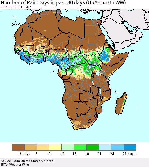 Africa Number of Rain Days in past 30 days (USAF 557th WW) 07/15/2023 Thematic Map For 7/11/2023 - 7/15/2023