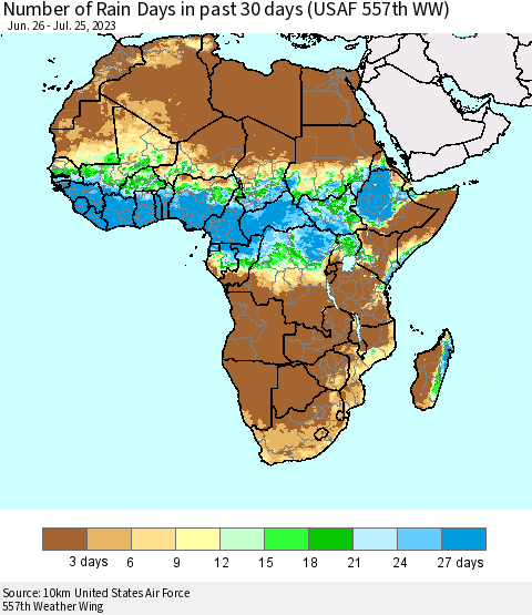 Africa Number of Rain Days in past 30 days (USAF 557th WW) 07/25/2023 Thematic Map For 7/21/2023 - 7/25/2023