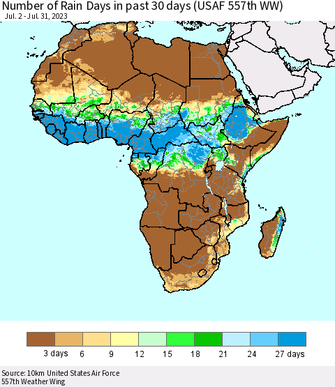 Africa Number of Rain Days in past 30 days (USAF 557th WW) 07/31/2023 Thematic Map For 7/26/2023 - 7/31/2023