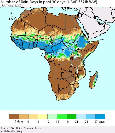 Africa Number of Rain Days in past 30 days (USAF 557th WW) 08/05/2023 Thematic Map For 8/1/2023 - 8/5/2023