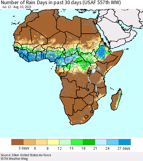 Africa Number of Rain Days in past 30 days (USAF 557th WW) 08/10/2023 Thematic Map For 8/6/2023 - 8/10/2023