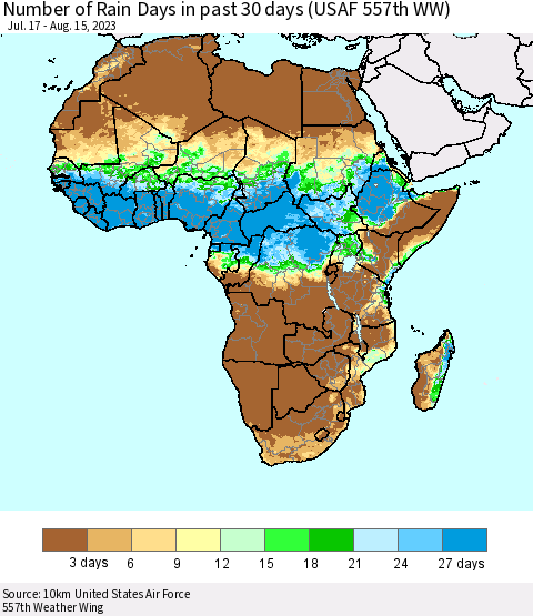 Africa Number of Rain Days in past 30 days (USAF 557th WW) 08/15/2023 Thematic Map For 8/11/2023 - 8/15/2023