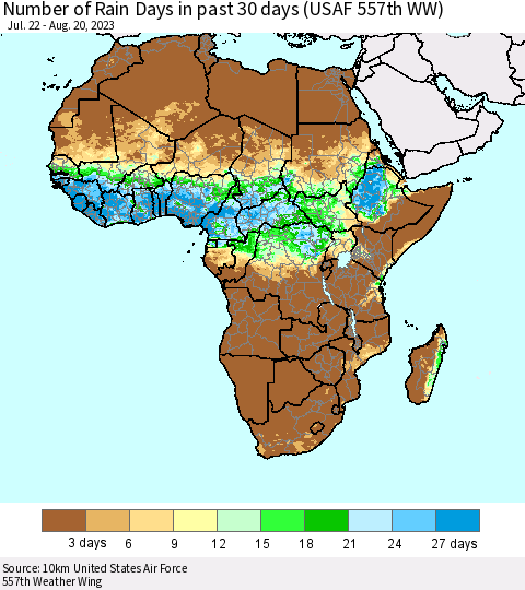 Africa Number of Rain Days in past 30 days (USAF 557th WW) 08/20/2023 Thematic Map For 8/16/2023 - 8/20/2023