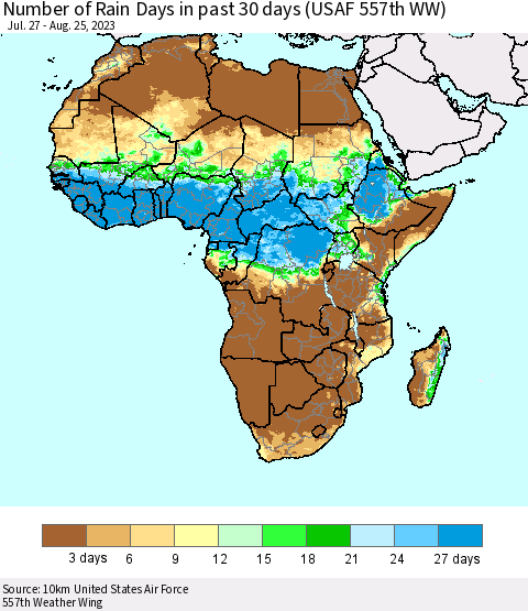 Africa Number of Rain Days in past 30 days (USAF 557th WW) 08/25/2023 Thematic Map For 8/21/2023 - 8/25/2023