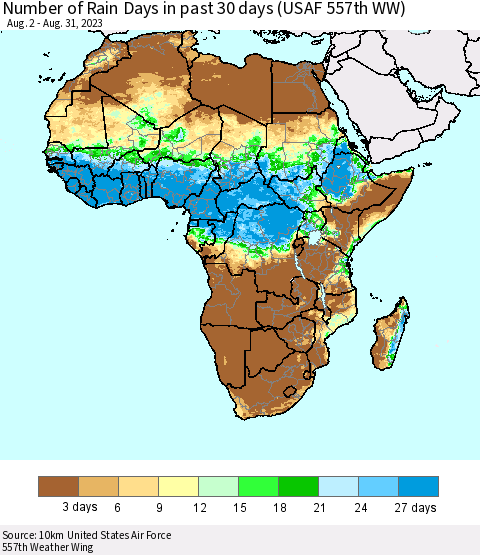 Africa Number of Rain Days in past 30 days (USAF 557th WW) 08/31/2023 Thematic Map For 8/26/2023 - 8/31/2023