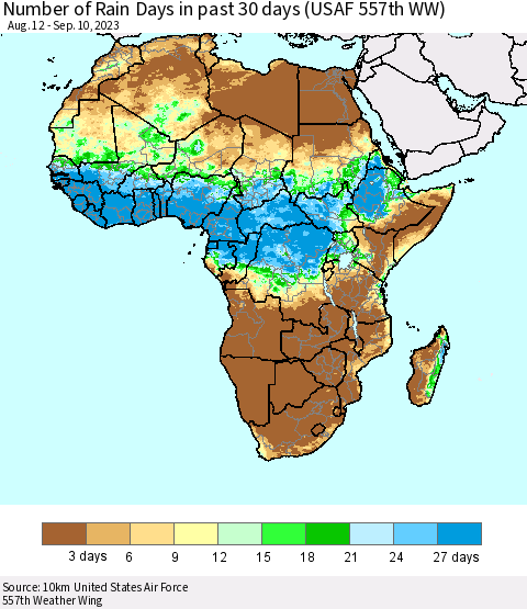 Africa Number of Rain Days in past 30 days (USAF 557th WW) 09/10/2023 Thematic Map For 9/6/2023 - 9/10/2023