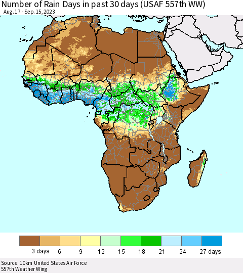 Africa Number of Rain Days in past 30 days (USAF 557th WW) 09/15/2023 Thematic Map For 9/11/2023 - 9/15/2023