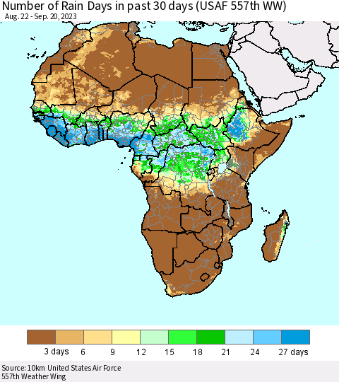 Africa Number of Rain Days in past 30 days (USAF 557th WW) 09/20/2023 Thematic Map For 9/16/2023 - 9/20/2023