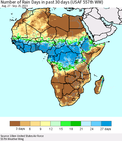 Africa Number of Rain Days in past 30 days (USAF 557th WW) 09/25/2023 Thematic Map For 9/21/2023 - 9/25/2023