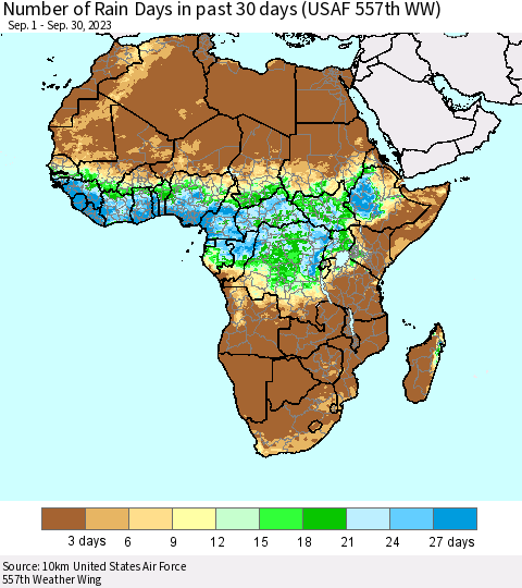 Africa Number of Rain Days in past 30 days (USAF 557th WW) 09/30/2023 Thematic Map For 9/26/2023 - 9/30/2023