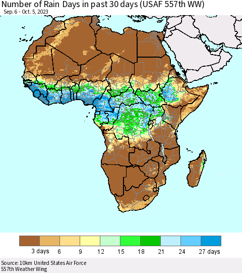 Africa Number of Rain Days in past 30 days (USAF 557th WW) 10/05/2023 Thematic Map For 10/1/2023 - 10/5/2023