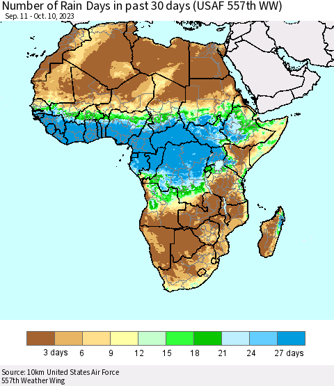 Africa Number of Rain Days in past 30 days (USAF 557th WW) 10/10/2023 Thematic Map For 10/6/2023 - 10/10/2023