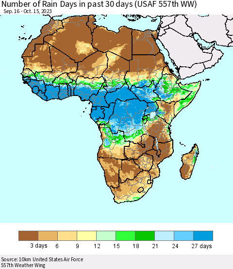 Africa Number of Rain Days in past 30 days (USAF 557th WW) 10/15/2023 Thematic Map For 10/11/2023 - 10/15/2023