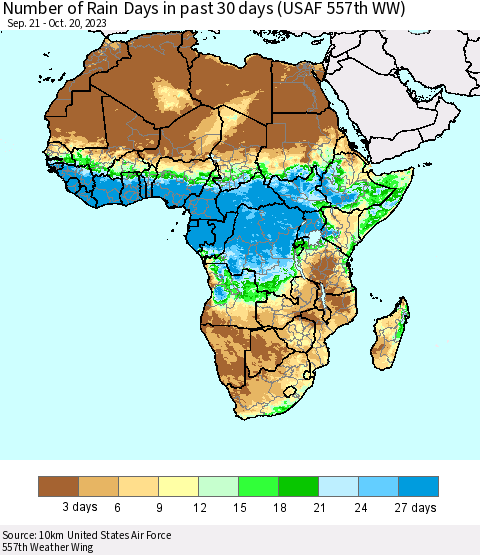 Africa Number of Rain Days in past 30 days (USAF 557th WW) 10/20/2023 Thematic Map For 10/16/2023 - 10/20/2023