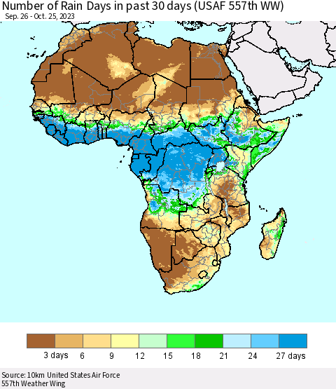 Africa Number of Rain Days in past 30 days (USAF 557th WW) 10/25/2023 Thematic Map For 10/21/2023 - 10/25/2023