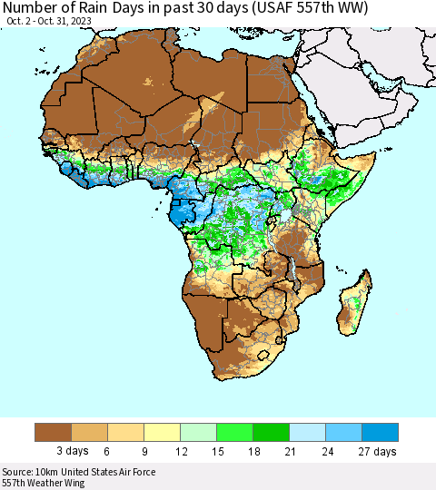 Africa Number of Rain Days in past 30 days (USAF 557th WW) 10/31/2023 Thematic Map For 10/26/2023 - 10/31/2023
