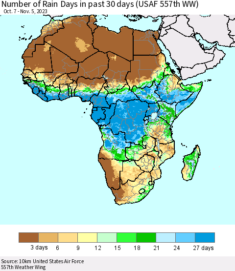 Africa Number of Rain Days in past 30 days (USAF 557th WW) 11/05/2023 Thematic Map For 11/1/2023 - 11/5/2023
